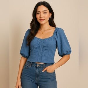 Sienna Sky Linen Blend Puff Sleeve Blouse Blue  Large Cottagecore Boho Romantic